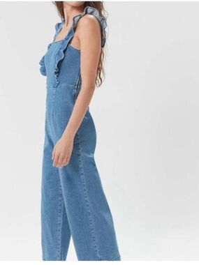 Ruffled Strap Denim Jumpsuit - Blue
